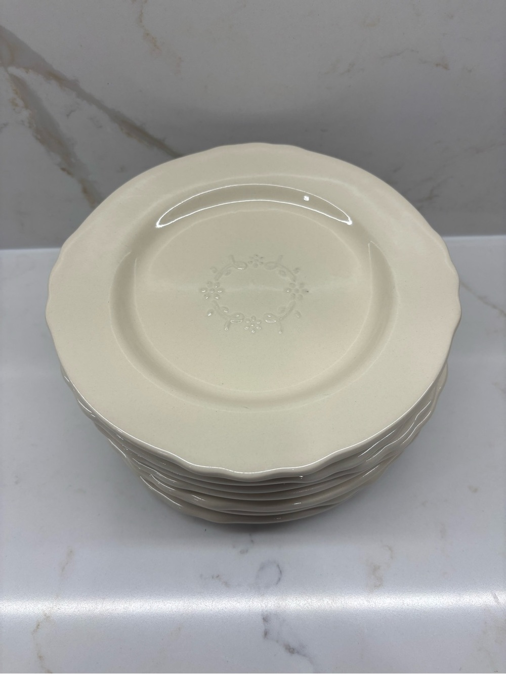 7 April Cornell Wreath Embossed Scalloped Ivory Plates French Country Farmhouse